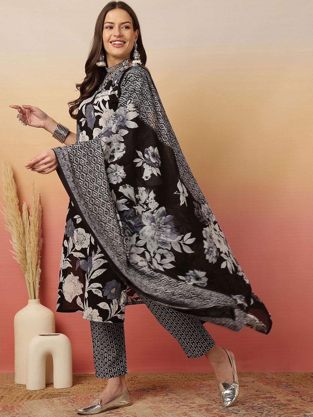 Dhiyona SN Women's Floral Printed Adda Work Cotton Kurta With Trouser & Dupatta