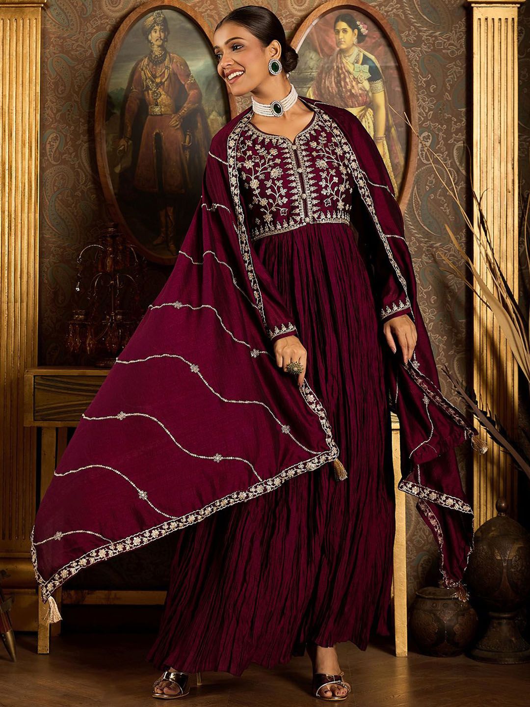 Floral Zari Embroidered Pleated A-Line Kurta with Trouser & Dupatta