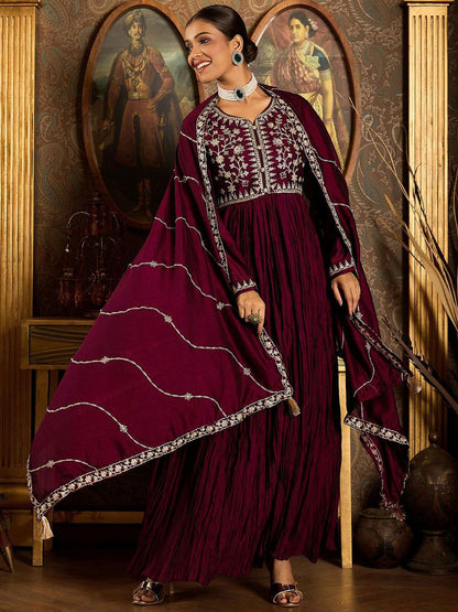 Floral Zari Embroidered Pleated A-Line Kurta with Trouser & Dupatta