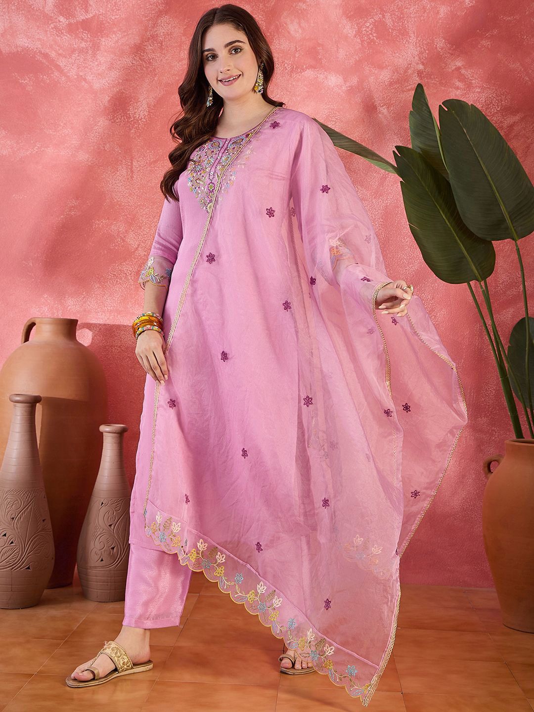 Dhiyona SN Women's Floral Embroidered Round Neck Straight Kurta With Trousers & Dupatta