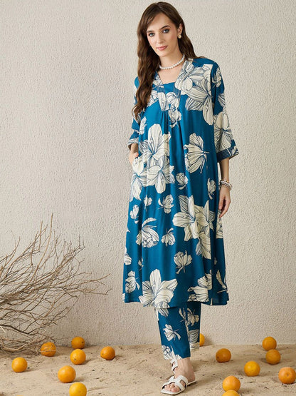 Dhiyona IE Floral Printed Square Neck Tunic With Trousers