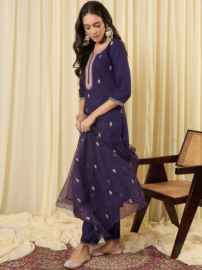 Women Ethnic Motifs Embroidered Regular Thread Work Kurta with Trousers & With Dupatta