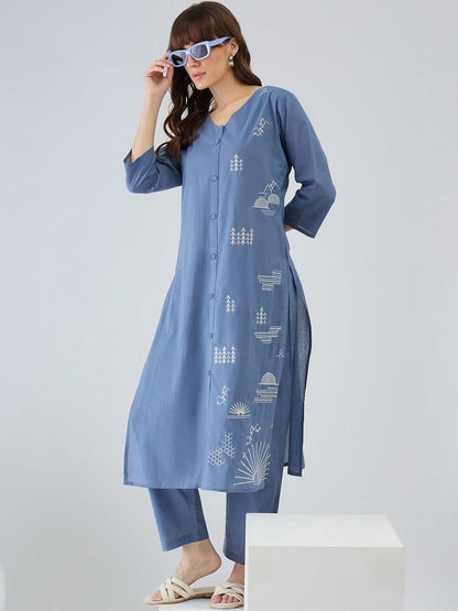 Women Ethnic Motifs Embroidered Regular Thread Work Pure Cotton Kurta with Trousers