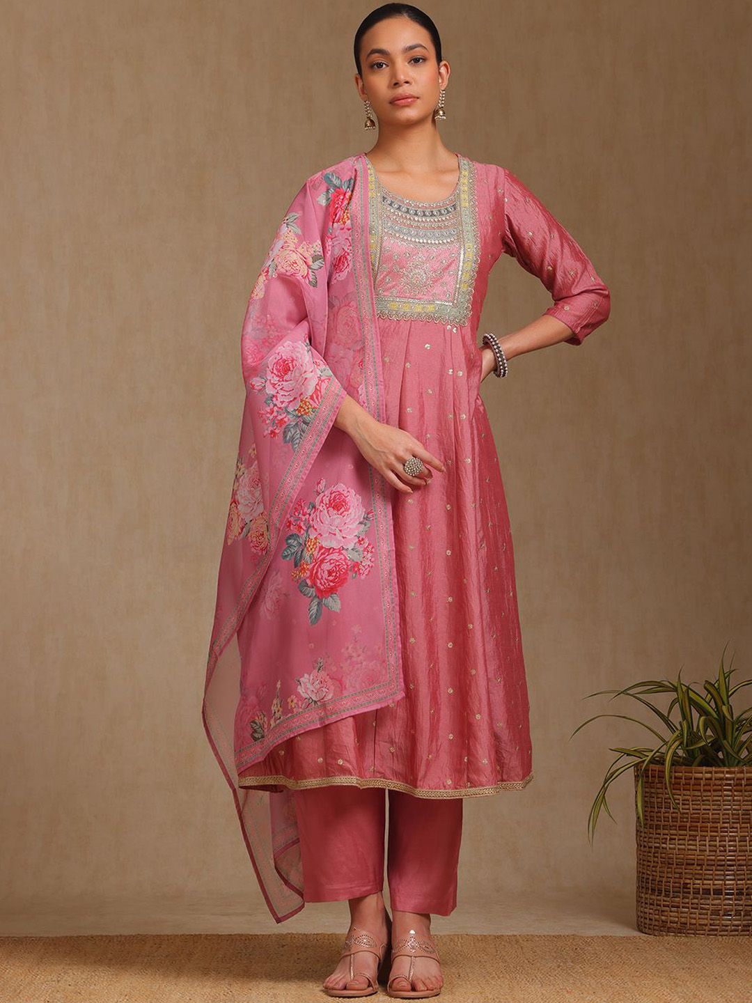 Dhiyona SO Women's Floral Embroidered Round Neck Sequinned A-Line Kurta With Trousers & Dupatta