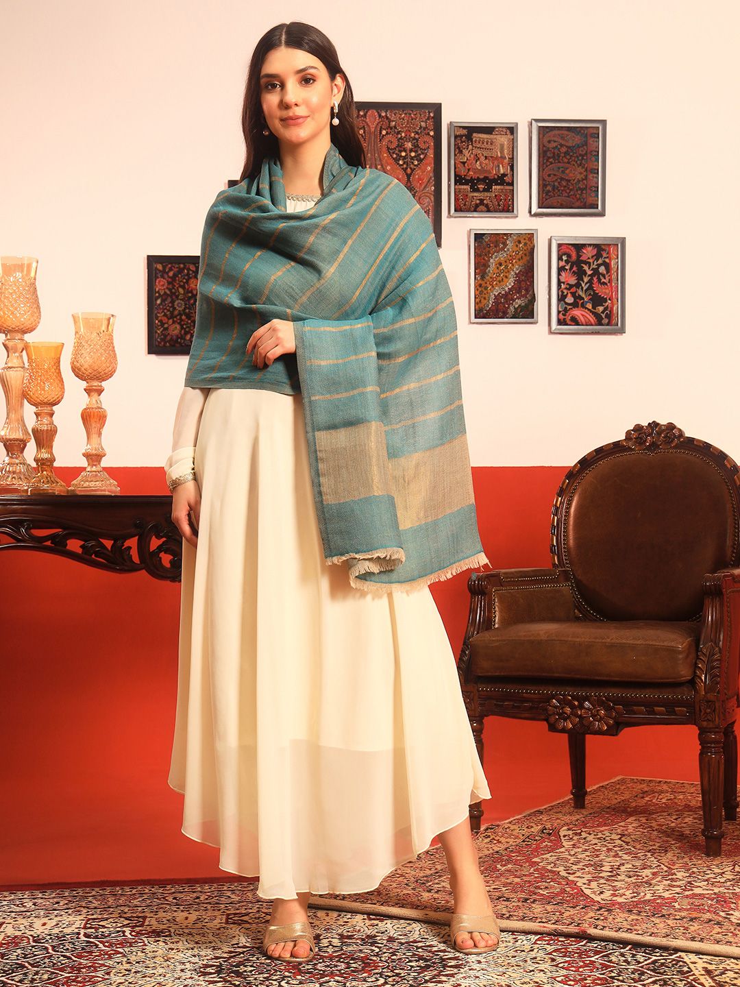 Dhiyona PA Striped Printed Woolen Reversible Shawl