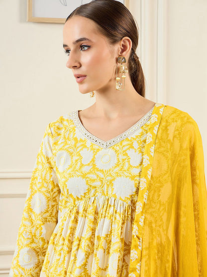 Dhiyona IE Floral Printed A-Line Mirror Work Pure Cotton Kurta with Trousers & Dupatta