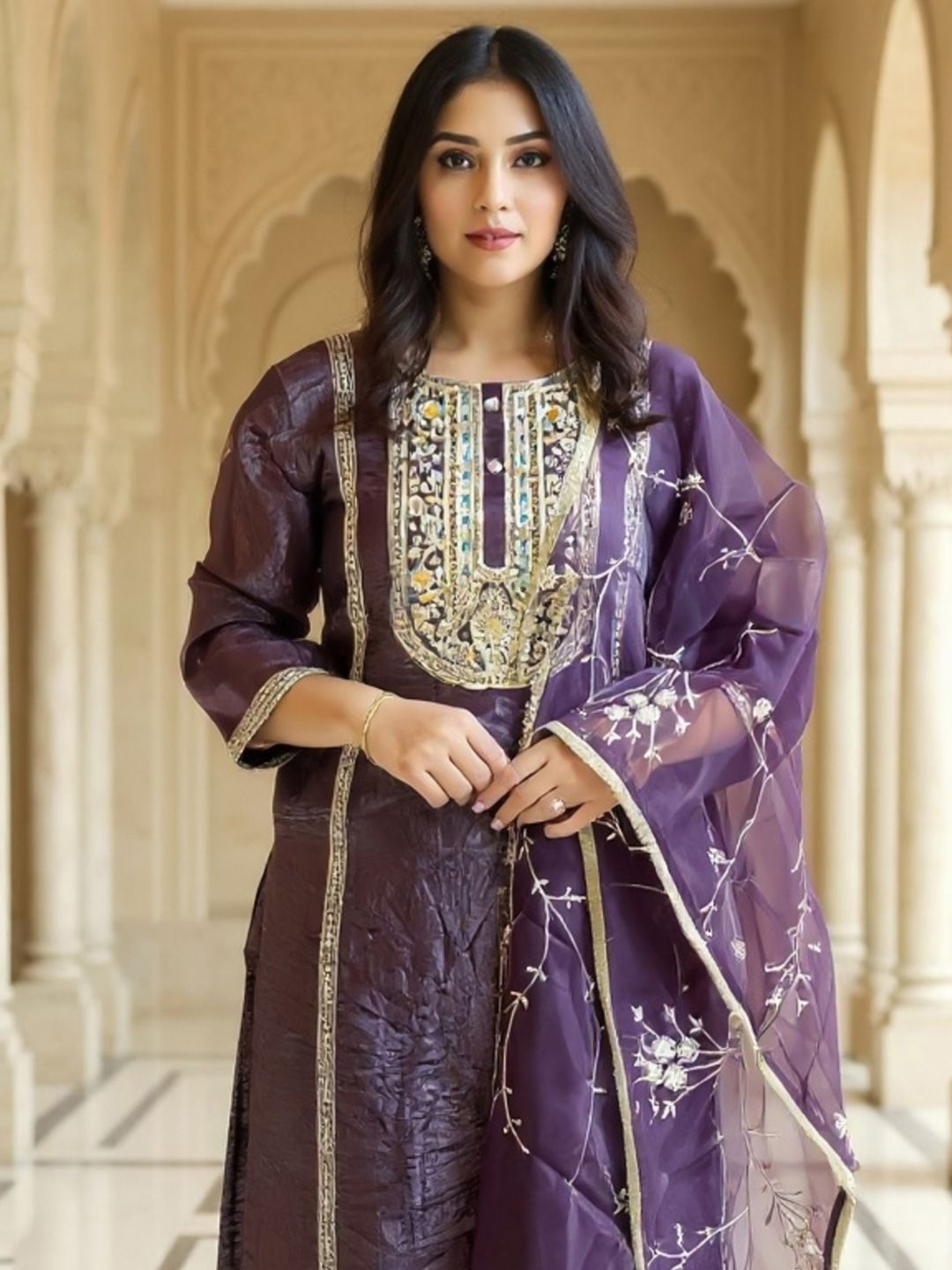 Women Woven Design Thread Work Kurta With Trousers & Dupatta Kurta Sets