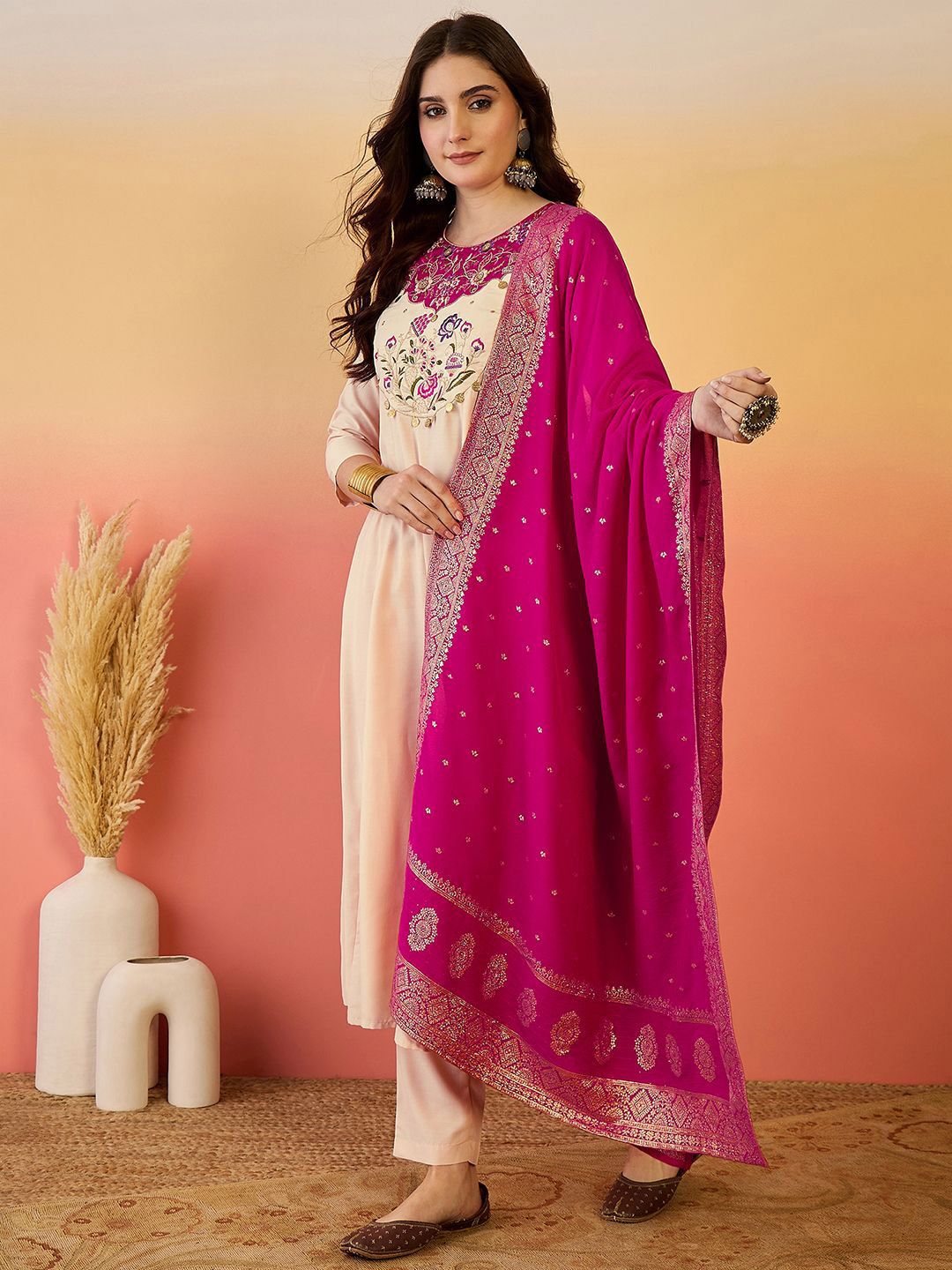 Dhiyona SN Women's Floral Yoke Design Panelled Thread Work A-Line Kurta With Trouser And Dupatta