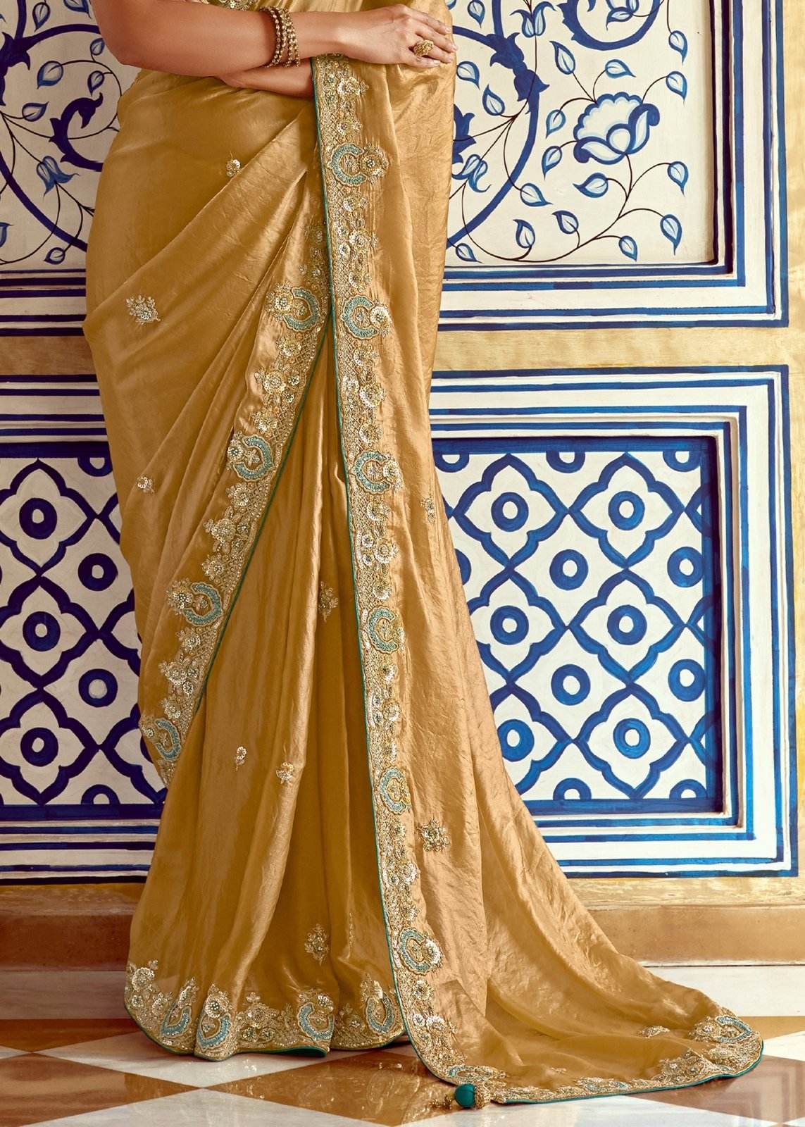 Dhiyona KM Women Golden Designer Silk Saree With Rich Zari Embroidery