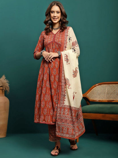 Dhiyona SN Women's Floral Printed Gotta Patti Pure Cotton Anarkali Kurta With Trousers & Dupatta
