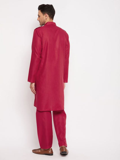 Men's Maroon Cotton Blend Pathani Pathani Kurta Set