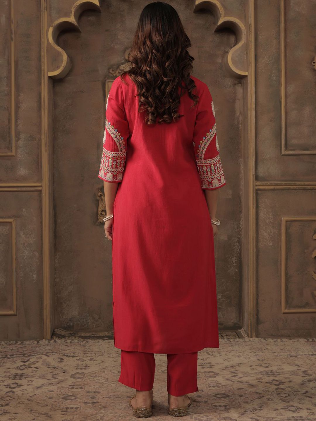 Floral Embroidered V-Neck Mirror Work Straight Kurta With Trousers