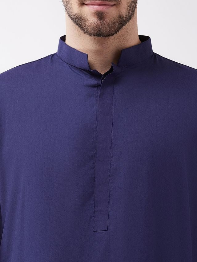 Men's Blue Cotton Blend Pathani Kurta and Patiala Set
