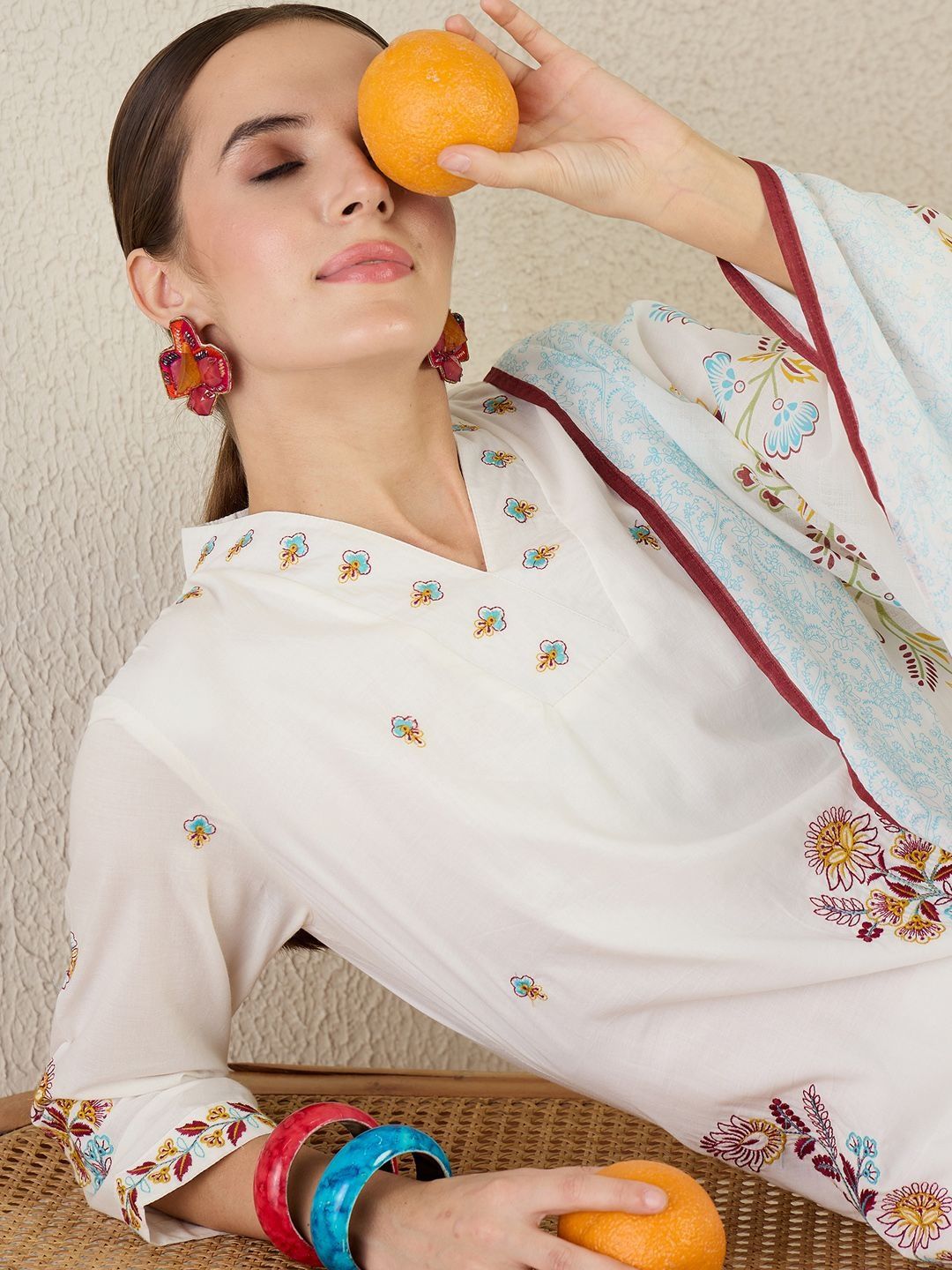 Floral Embroidered Thread Work Pure Cotton Kurta With Trouser & Dupatta