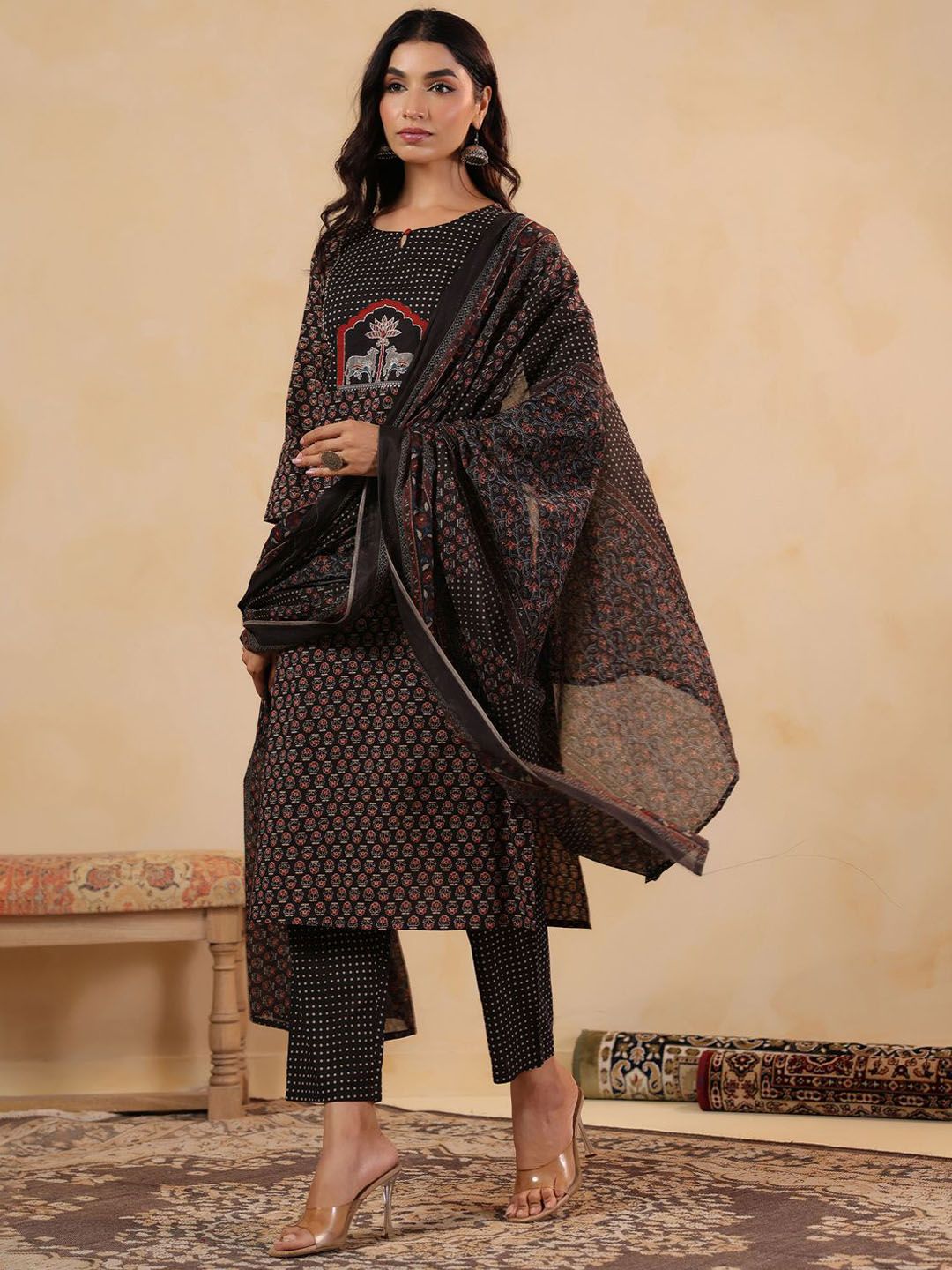 Ethnic Motifs Printed Pure Cotton Straight Kurta With Trousers & Dupatta