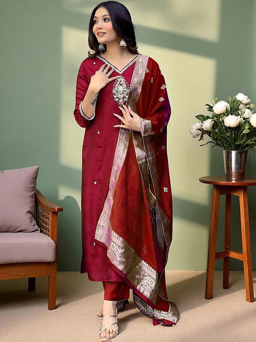 Dhiyona SN Women's Embroidered Pure Cotton Straight Kurta Pyjama & Dupatta Kurta Set