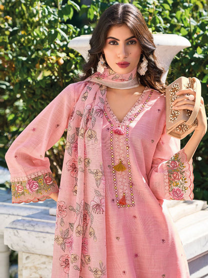 Women Floral Embroidered Thread Work Linen Kurta with Trousers & With Dupatta