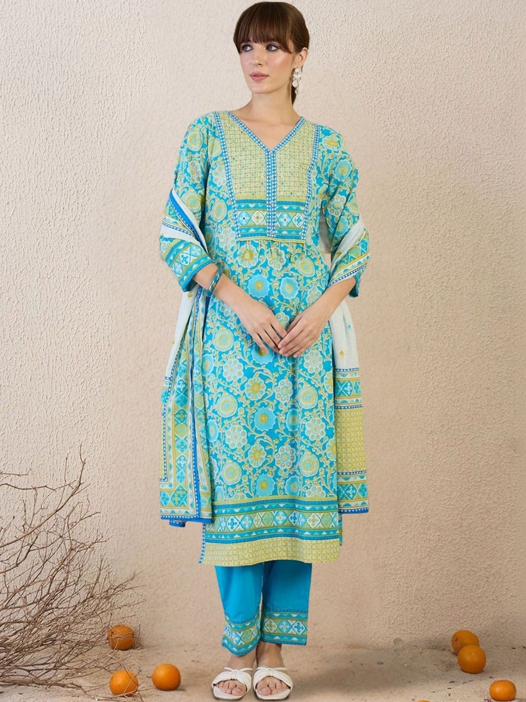 Dhiyona IE Women Floral Printed Regular Mirror Work Pure Cotton Kurta with Trousers & With Dupatta