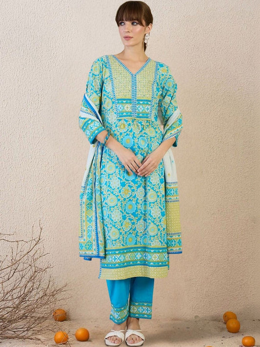 Women Floral Printed Regular Mirror Work Pure Cotton Kurta with Trousers & With Dupatta