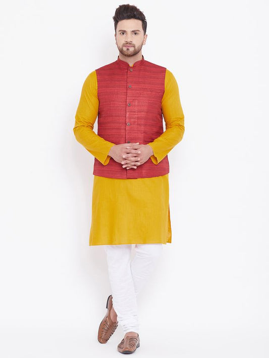 Men's Mustard Cotton Blend Straight Jacket  Kurta and Pyjama Set