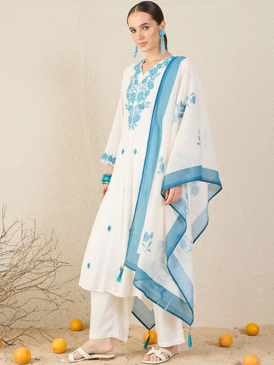 Floral Embroidered A-Line Thread Work Kurta With Trousers & Dupatta