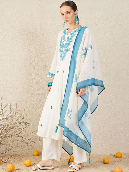 Floral Embroidered A-Line Thread Work Kurta With Trousers & Dupatta