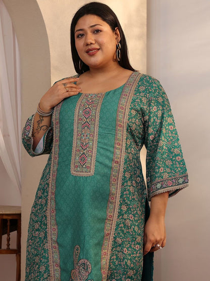 Dhiyona Women's Plus Size Ethnic Motifs Printed Kurta with Trousers & Dupatta