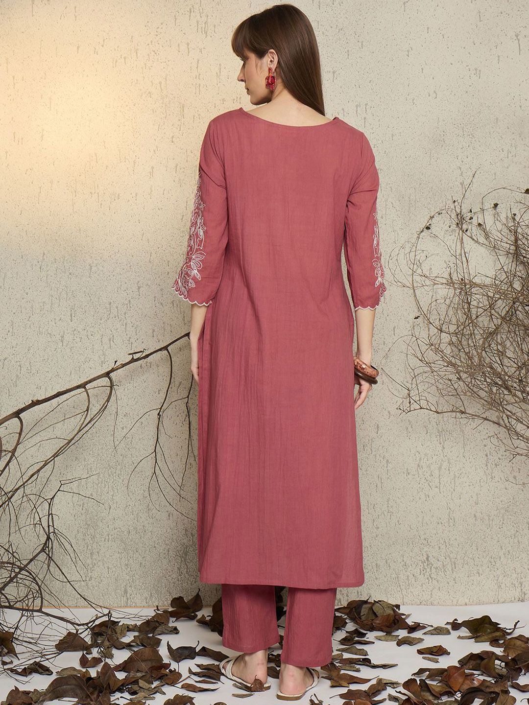 Dhiyona IE Women Embroidered Boat Neck Cotton Top and Trousers Co-Ords