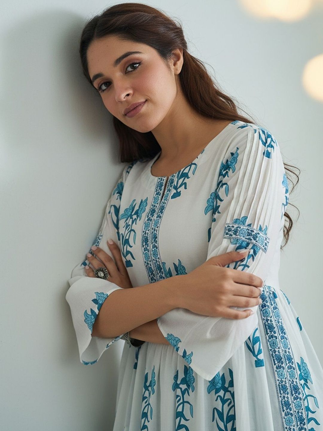 Floral Printed Empire V-Neck Pure Cotton A-Line Kurta with Trousers