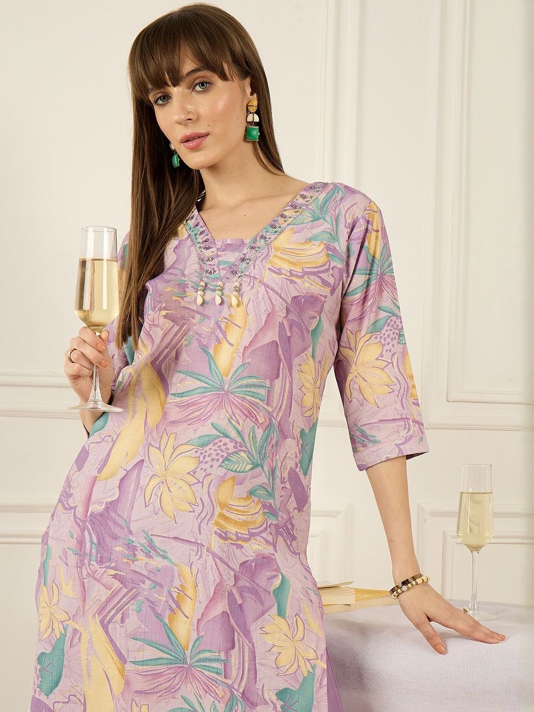 Floral Printed Thread Work Pure Cotton Kurta With Palazzos