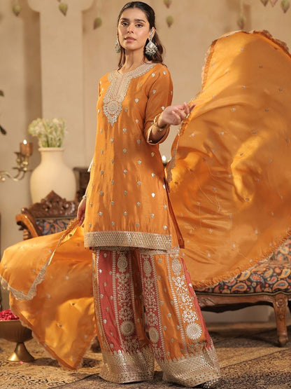 Ethnic Motifs Embroidered Round Neck Zari Straight Kurta & Palazzos With Dupatta