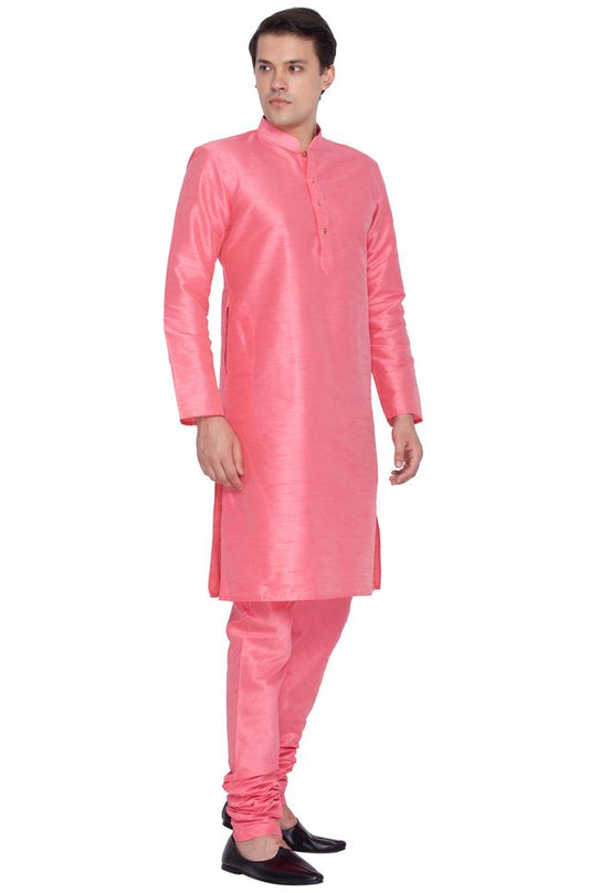 Men's Pink Silk Blend Straight Kurta Pyjama Set