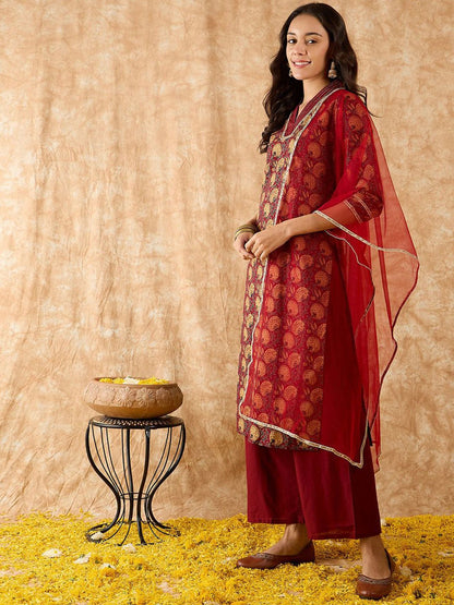 Floral Printed Straight Thread Work Kurta with Palazzos & Dupatta