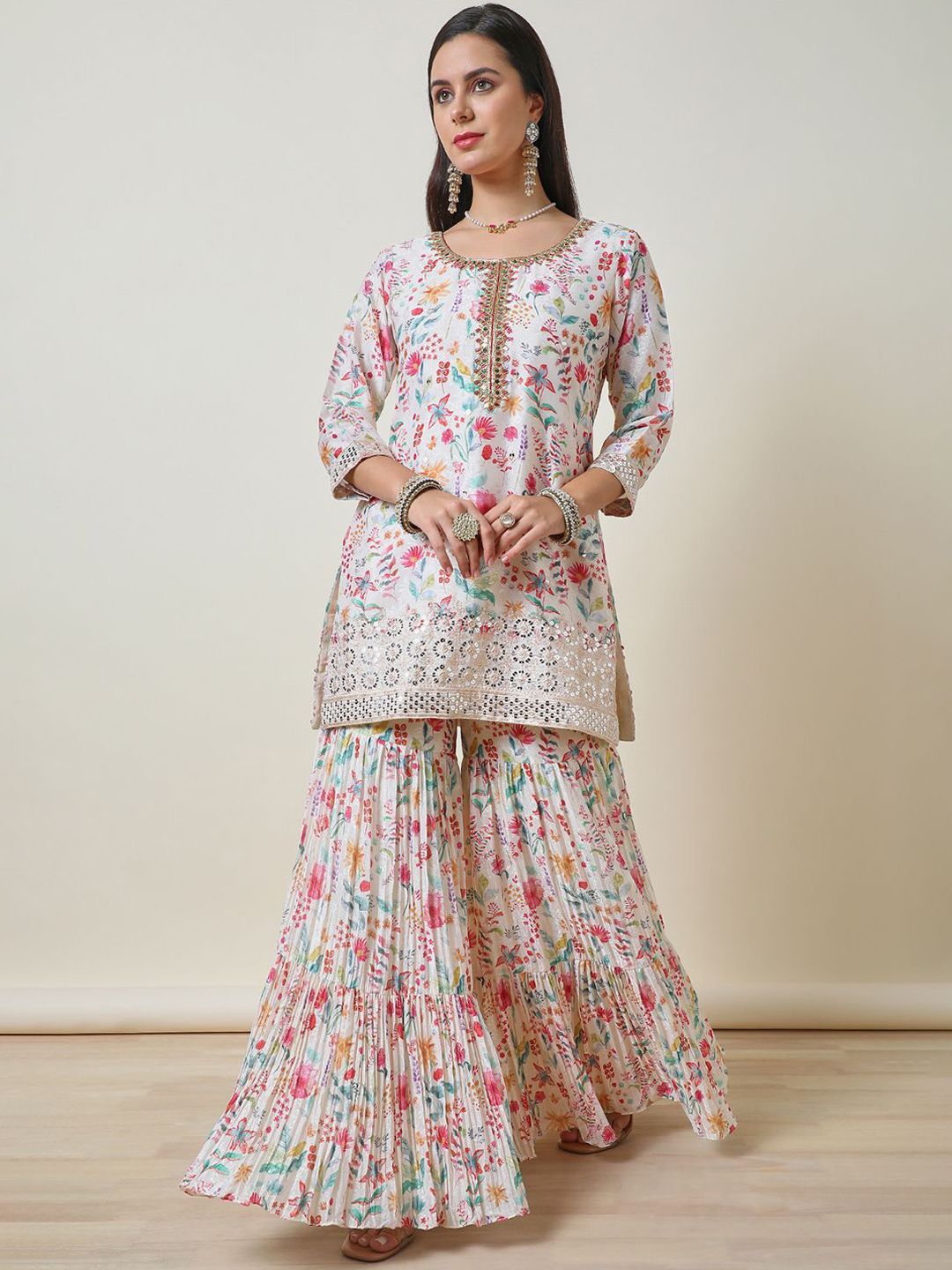 Dhiyona SO Women's Women Ethnic Motifs Printed Regular Mirror Work Kurta with Sharara & With Dupatta