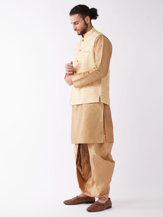 Men's Rose Gold Silk Blend Straight Jacket  Kurta and Dhoti Set