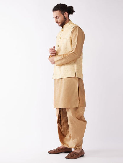 Men's Rose Gold Silk Blend Straight Jacket  Kurta and Dhoti Set