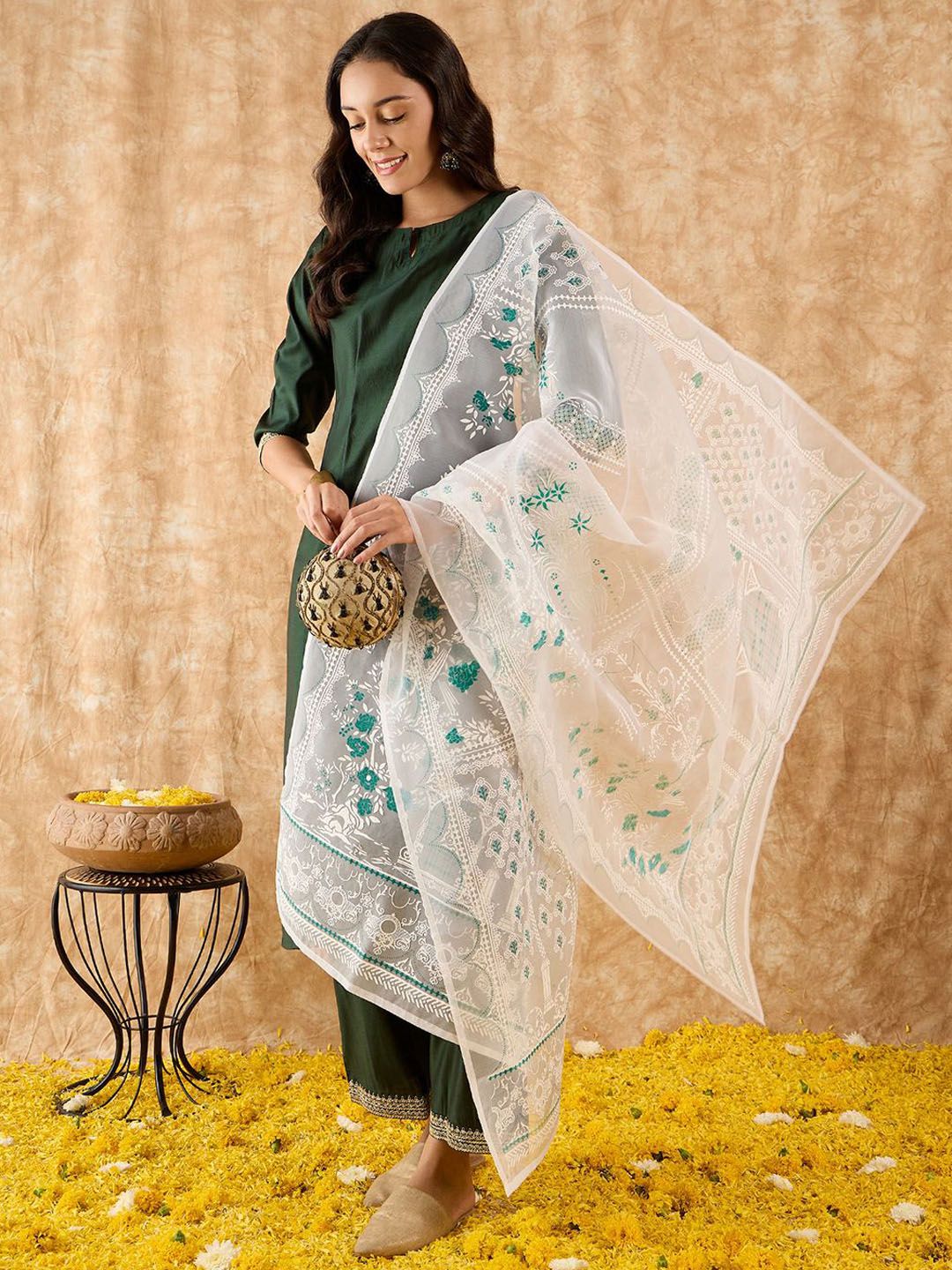 Straight Sequinned Liva Kurta with Palazzos & Dupatta