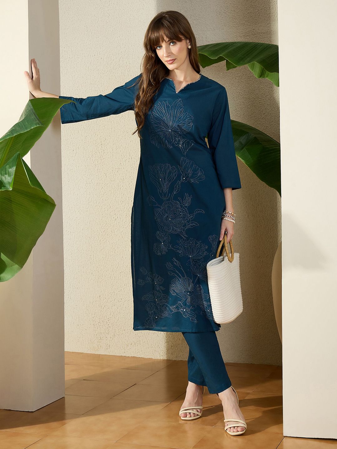 Women Pure Cotton Floral Embroidered Regular Thread Work Kurta With Trousers