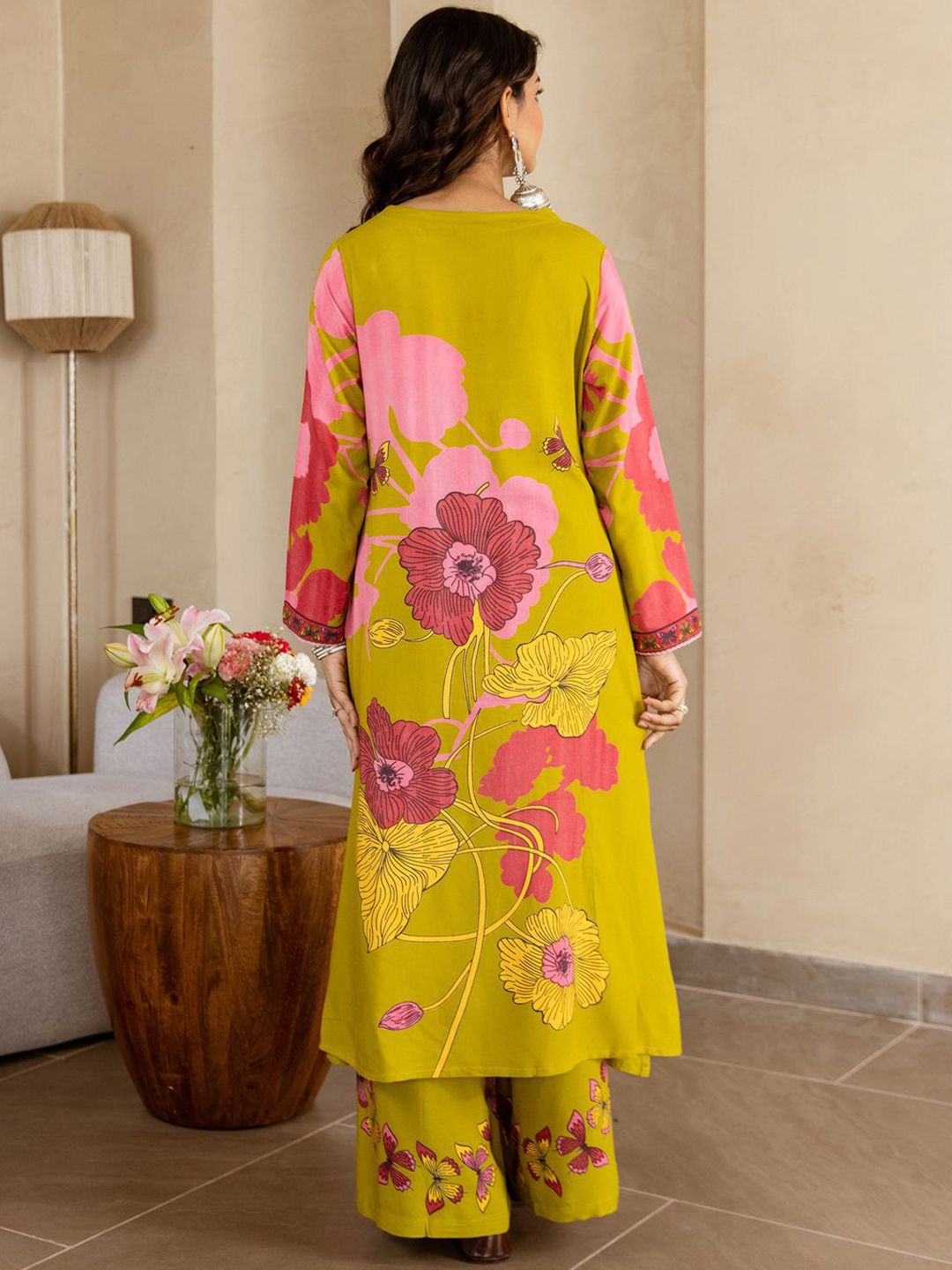 Dhiyona IE Floral Printed V-Neck A-Line Tunic & Palazzo