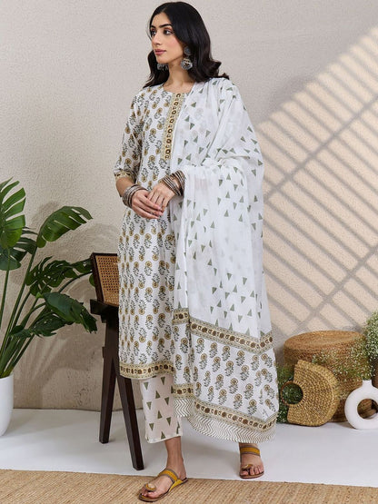 Women Floral Printed Cotton Kurta with Trousers & Dupatta
