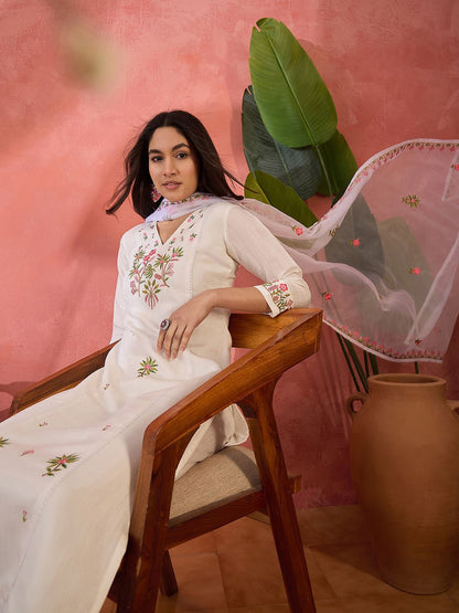 Dhiyona SN Women's Floral Embroidered Thread Work Straight Kurta With Trousers And Dupatta