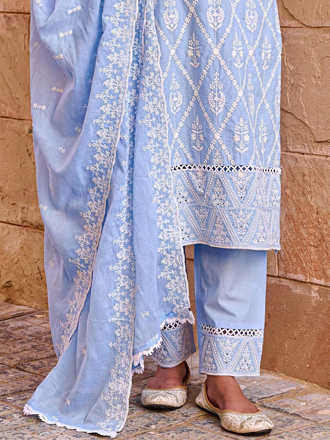 Women Floral Embroidered Pure Cotton Kurta with Trousers & Dupatta