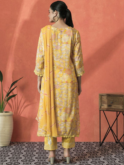 Dhiyona SN Women's Floral Embroidered V-Neck Mirror Work Cotton Straight Kurta With Trouser & Dupatta