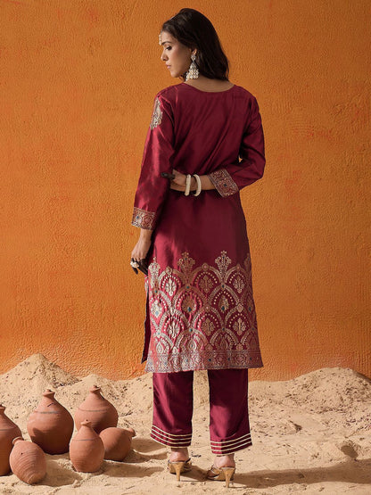 Maroon Floral Woven Design Straight Kurta with Trousers