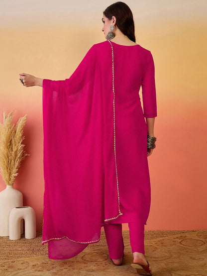 Dhiyona SN Women's Embroidered Notch Neck A-Line Kurta With Trousers & Dupatta