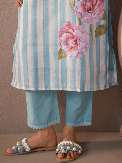 Women Printed Regular Linen Kurta with Trousers & With Dupatta