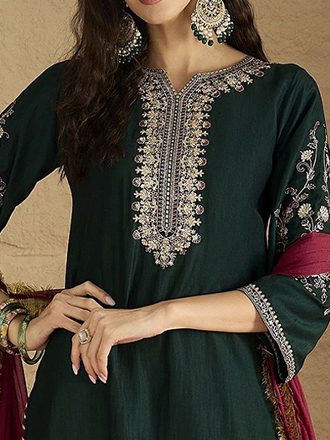Dhiyona VA Women'sFloral Yoke Design Straight Kurta With Trousers & Dupatta