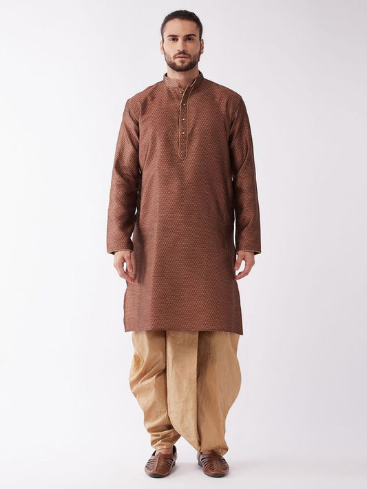 Men's Maroon Silk Blend Straight Kurta and Dhoti Set