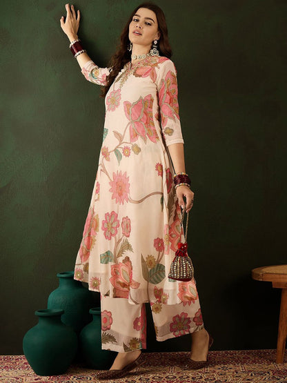 Dhiyona SN Women's Floral Embroidered Mirror Work Kurta with Palazzos