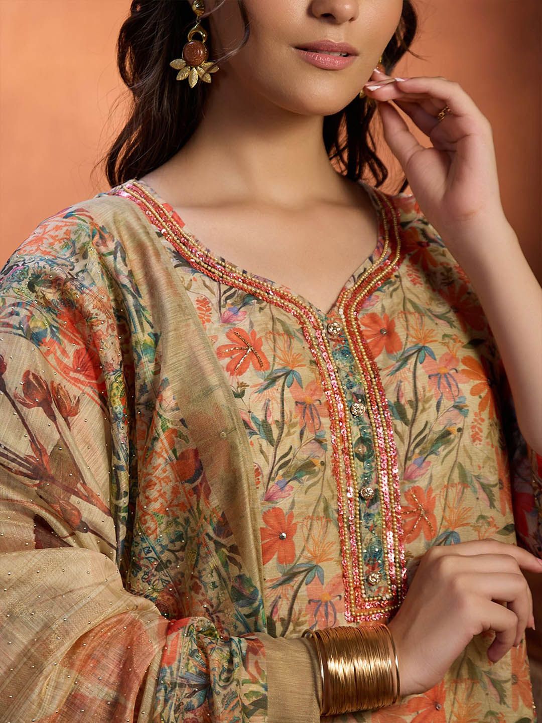 Dhiyona WP Floral Printed Straight Beads and Stones Kurta with Trousers & Dupatta